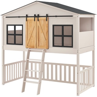 Juskys Kinderbett Farmhaus 90x200 cm mit Treppe, Dach & Lattenrost – Hausbett rosa für Kinder