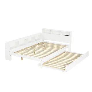 Funktionsbett Weiß 120x200 Cm Mit Ausziehbett 90x190 Cm Und Seitlichem Regal