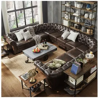 JVmoebel Wohnlandschaft Chesterfield Sofa U-Form aus Leder mit Knopfheftung, Made in Europa braun
