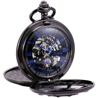 TREEWETO Unisex Taschenuhr mit Kette Analog Handaufzug Mechanische | Mechanische Handaufzugswerk, Double Hunter Gehäuse, Skelett-Design, römische Ziffern, Vintage Steampunk für Herren