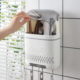 Hängender Besteckkasten – Unterteilter Essstäbchenhalter Und Abtropfschale Mit Deckel Für Die Küche (grau Und Weiß)