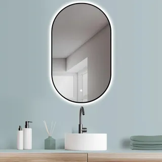 HOKO LED-Wandspiegel oval 60x100 cm mit schwarzem Rahmen & Memory-Funktion | Stufenloser Farbwechsel von 2700–6500 K mit Touch-Schalter, IP44 für Bad, Gäste-WC, Schminktisch und Ankleide, Genua