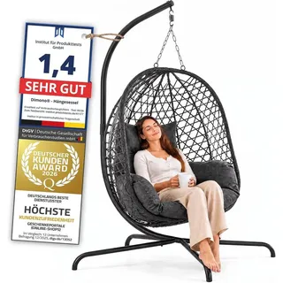 Goods+Gadgets Hängestuhl Polyrattan Hängestuhl mit Gestell und Kissen–Komfort für Innen & Außen (Hängekorb Sessel), Schwebeliege Rattan Outdoor & Indoor Relax Hängeliege grau