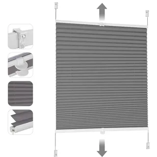 Sekey Plissee ohne Bohren Verdunkelung, Fenster Plissee Klemmfix Jalousie 100 cm breit, Verspannt Blickdicht Sonnenschutz Fensterollo, 100x130cm, Grau