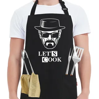 Kaidouma Lustige Kochschürzen für Männer – Let's Cook – Herren schwarz lustige Küche Chef Grillen BBQ Schürzen mit 2 Taschen – Geburtstag Vatertag Weihnachten Geschenke für Vater, Ehemann, Freund, - 32" x 27"