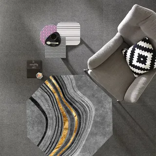 makeups69 Achteckig Kurzflor Teppiche Waschmaschinenfest, Modern Design Teppiche für Wohnzimmer Schlafzimmer Esszimmer Kinderzimmer,goldene graue Schwarze geometrische Linien Octagon 140 x 140 cm