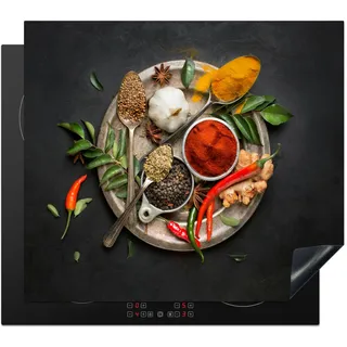 KitchenYeah© Herdabdeckplatte Einteilig Küche Glaskeramikkochfeld Abdeckplatte Glaskeramikkochfeld Abdeckung Induktionskochfeld Schutzmatte Gewürze - Paprika - Löffel - Kräuter - Gemüse - 60x52 cm