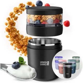 Lebenlang Aufbewahrungsbecher Müslibecher, Isolierende Edelstahlinnenwand, ToGo mit Löffel & 650ml, Edelstahl/Kunststoff, (500ml Becher, 150ml Aufsatz, Drehvershluss, faltbarer Löffel), Auslaufsicher & Perfekt für Schule, Kita, Büro oder Uni schwarz