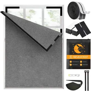 LOMUG Fenster Verdunkelung, Verdunklungsstoff mit Klett, Lichtblockierender Sonnenschutz in Leinenoptik, Zuschneidbares Blackout Rollo Ohne Bohren, Innen Dachfenster Abdunkelung(Grau, B100XH150cm)