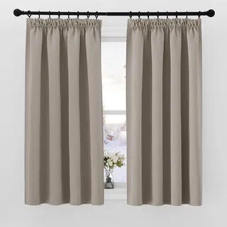 PONY DANCE Blickdichte Vorhänge mit Kräuselband Übergardinen 2er Set Verdunklungsgardine für Schiene Wohnzimmer Gardinen Kurz Thermovorhänge Hitzeschutz, Sandfarben, H 145 x B 140 cm