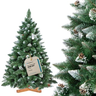 FairyTrees Weihnachtsbaum künstlich 150cm Kiefer mit Christbaum Holzständer | Tannenbaum künstlich mit Natur-Weiss beschneit | Made in EU