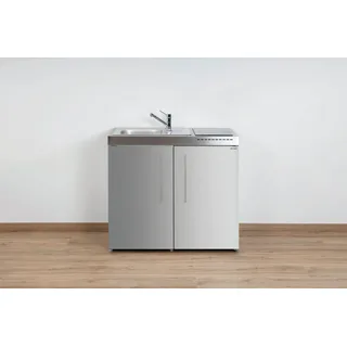 Stengel Küchenzeile Miniküche Premiumline MP 100, (Kleine Single Küchen 100 cm Edelstahl), Küchenblock mit Spüle und Geräten: Kühlschrank und Glaskeramikkochfeld silberfarben