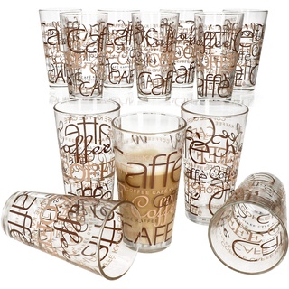 Van Well 12er Set Latte Macchiato Gläser I 370 ml I Gläser-Set I hitzebeständig I stapelbar I Coffee-Dekor I Schriftzüge I Eis-Kaffee, Cafe au Lait, Frappé & Co.