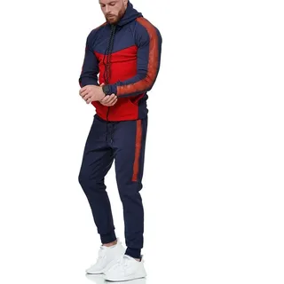 L.gonline Freizeitanzug Herren Jogging-ANZUG, Trainingsanzug zweifarbig, 1053 (Kapuzenjacke mit Reißverschluss, Hose, 2-tlg., im modischem Design), Fitness Freizeit Casual blau|rot 3XL