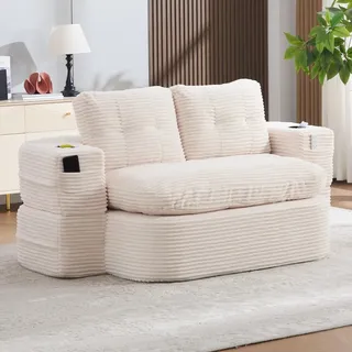 STILVORA Schlafsessel 2-in-1 mit Liegefunktion, Schlafsofa aus Cord mit verstellbaren Armlehnen, Bodensofa mit Getränkehaltern und tiefer Sitzfläche - Beige