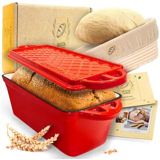 Krustenzauber Brotbackform Brotbackform Gusseisen Topf Brot Backen [inkl. Gärkorb] rot Kastenform
