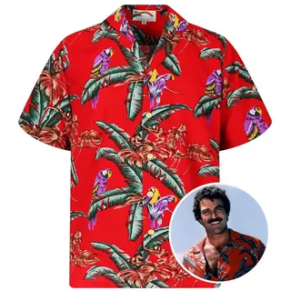 Paradise Found Hawaiihemd Tom Selleck "Jungle Bird" Original Hawaii-Hemd Kurzarm Front-Tasche rot XS