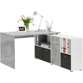 Eckschreibtisch FMD "Lex, Schreibtisch / Sideboard" Tische Gr. B/H/T: 136 cm x 74 cm x 66,5 cm, grau (betonfarben, weiß) Eckschreibtische