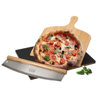 Pizzastein Set schwarz Holz Pizzaschieber Edelstahl Pizzaschneider, Cordierit