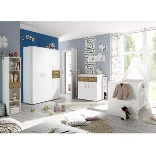 Sienna Kinderzimmer Komplett-Set - Babyzimmer 7-tlg., Weiß Matt-Asteiche | Mitwachsend, mit Babybett 70x140cm, Wickelkommode, Kleiderschrank, Wandregal