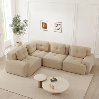 Modulares Ecksofa aus Cord, Rahmenloses Sofa mit Höhere Rückenlehne, Tiefsitzer Wohnlandschaft, Frei Kombinierbares Sofa, Kein Aufbau Erforderlich 4-Sitzer Ecksfa Beige (Beige, Eckesofa-4Sitzer)