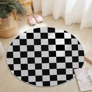 Schlichtes Schwarz-Weiß Kariertes Teppich Rund 90 cm rutschfest Teppiche Wohnzimmer, Runder Waschbar Teppiche Kurzflor Weich Runder Teppich Schwarz Weiß for Schlafzimmer Studie Heimbüro Küche