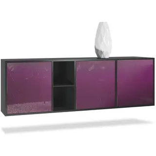 Vladon Sideboard Cuba (Kommode, mit 3 Türen und 2 offene Fächer), Schwarz matt/Brombeer Hochglanz (182 x 53 x 35 cm) lila