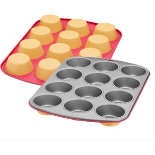 Original Kaiser Happy Colors Muffinblech für 12 Muffins, Muffinform 38 x 27 cm, antihaftbeschichtet, Standardgröße, Cupcake Formen, happy bicolor, orange-pink