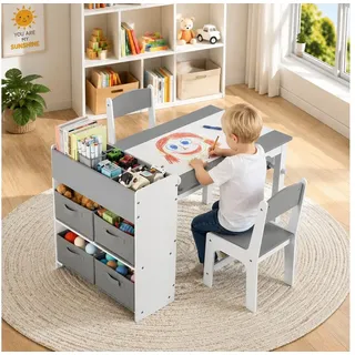 TLGREEN Kindertisch Kindermaltisch mit 2 Stühlen (Maltisch Schreibtisch mit Papierrolle und 4 Aufbewahrungskiste, Zeichentisch 100kg Belastbarkeit für Malen/Lernen), Maltisch Kindersitzgruppe mit Stauraum grau