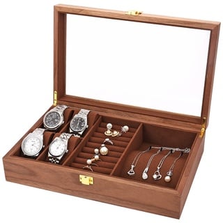LOSKORIN Schmuckkästchen, Schmuckbox, Uhrenaufbewahrung Uhrenkasten Holz mit Glasfenster Geschenk für Herrn Dame