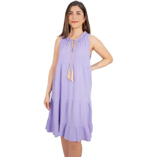 Seasons of April Ärmelloses Damen Musselin Kleid Mini Midi 100% Baumwolle mit Tasseln, Leicht & Locker, One Size - Buki (Flieder) - Einheitsgröße