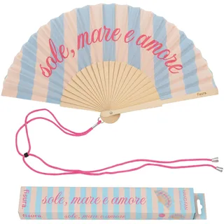 Fisura – Handfächer mit Spruch „Sole, mare e Amore“. Moderner Fächer aus Holz und Textil mit blauen Streifen, leicht und stabil, inklusive Trageschlaufe, Geschenkidee für Sommer, 42,5 x 23 cm.