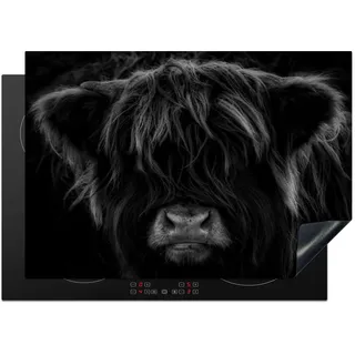 KitchenYeah© Herdabdeckplatte Einteilig Küche Herdabdeckung Induktionsfeld Ceranfeld Herdabdeckplatten Vinyl Matte Aufrollbar Schottisches Hochlandrind - Kuh - Schwarz und Weiß - Tiere - 75x52 cm