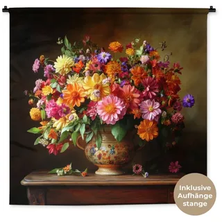 MuchoWow Wandteppich Farben - Blumenstrauß - Vase - Holz, Quadratisch, Höhe: 3 mm, Wandtuch, Wanddekoobjekt, 120x120 cm bunt Quadratisch | 120 cm x 120 cm x 3 mm
