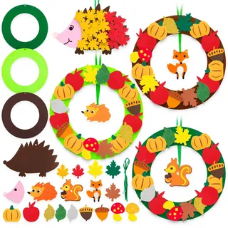 Benjia Herbst-Bastelsets für Kinder, 4 Stück Herbstkranz-Bastelsets und Igel-Bastelset, DIY Filz Herbstkranz Ornamente mit Kürbissen Ahornblättern Eicheln für Halloween Thanksgiving