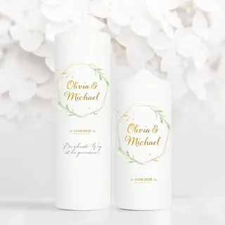 Wandtattoo Loft Hochzeitskerze personalisiert mit Namen und Datum + 1x Gastkerze, Motiv geometrischer Rahmen mit Blättern, 25cm x 7cm, personalisierte Traukerze, Hochzeit Kerze selbst gestalten