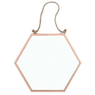 Spiegel Crisp Copper mit hexagonalem Kupferrahmen und Band zum Aufhängen.