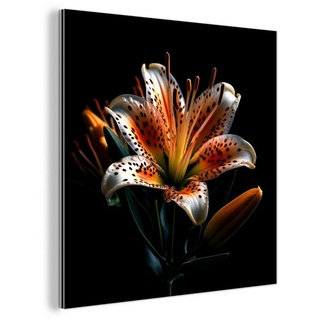 MuchoWow Metallbild Blumen - Lilie - Orange - Porträt - Schwarz, (1 St), Alu-Dibond-Druck, Gemälde aus Metall, Aluminium deko bunt