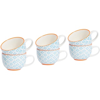 Gemusterte Cappuccino, Kaffee, Tee Tassen im Vintage Stil - Blau/Orange - 6er Set