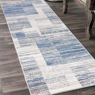 Mazovia Teppich Läufer Flur - Modern Teppichläufer – Kurzflor, Weich - für Vorzimmer Eingangsbereich Schlafzimmer Küche Korridor - Abstrakt Muster - 80 cm Breite Grau Blau 1 80 x 150 cm