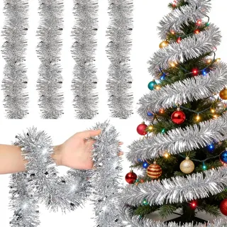 4X Lametta Girlande Silber – 8m Glitzer Set (4 x 2m) Weich & Stabil. Funkelnde Weihnachtsbaum Girlan-de für Tannenbaum, Treppe & Tür. Christbaum Girlan-de Deko, Flexibel & Wiederverwendbar (Silber)