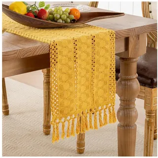 Plancholo Makramee-Tischläufer, 224 cm lang, Boho-Stil, Landhaus-Tischläufer mit Quasten, Küche, Esstisch, Heimdekoration, 33 x 224 cm, Burgunderrot