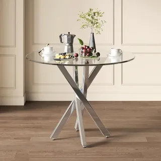 okwish Esstisch Kaffee-Freizeittisch mit Runder-design,Couchtisch mit galvanisierte Tischbeine,Säulentische Tischplatte aus gehärtetem Glas,Silber - Silber
