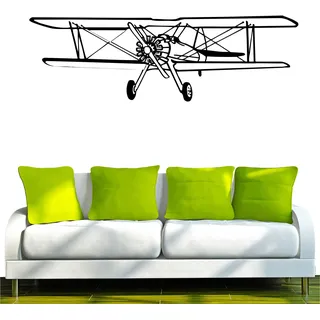 INDIGOS UG - Wandtattoo Wohnzimmer - Wandaufkleber Doppeldecker Flugzeug Flieger 80x25cm, schwarz w372 - Aufkleber Kinderzimmer Schlafzimmer Küche Badezimmer Büro Dekoration