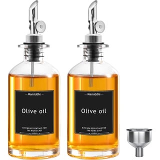Mamiddle Essig und Ölflaschen Set mit Edelstahl Ausgießer Trichter und Aufkleber Ölspender Oil Dispenser Olivenöl Flasche für Küche und BBQ (350ml, Silber)