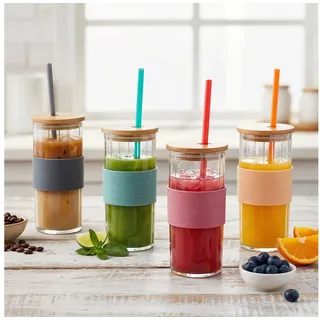 Levandeo® Glas, 4er Set Glas mit Deckel 400ml Bunt Strohhalm Bambusdeckel Trinkbecher