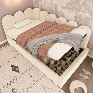 Tagesbett Samt Beige 90x190 Cm, Gepolstertes Bett Mit Hydraulischem Stauraum Und Metall-lattenrost