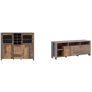 Forte Clif Highboardvitrine mit 3 Türen unf 2 Glastüren, Holzwerkstoff & Clif TV-Unterschrank mit 1 Tür und 2 Schubladen, Holzwerkstoff, Old – Wood Vintage/Betonoptik Dunkelgrau, 161 x 63,9 x 41,6 cm