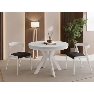 Runder Esstisch Ausziehbar 80-130 cm – Verlängerbar, für 4-6 Personen mit Weißen Holzbeinen & Metallring – Tisch für Wohnzimmer & Esszimmer... - Weiß