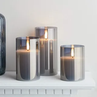 Lights4fun 3er Set TruGlow® Graue LED Kerzen mit Fernbedienung und Timer batteriebetrieben LED Kerzen Grau Deko Modern Kerzen im Glas